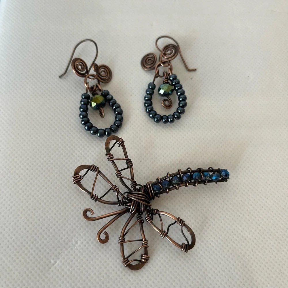 Handmade Bronze Blue Beaded Dragonfly Earrings and Brooch Set